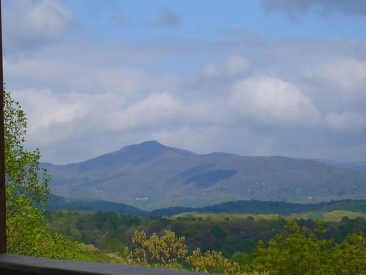 A sweeping view of the mountain range and lush green landscape under a cloudy sky. The open terrain evokes the scenic beauty of the nearby Blue Ridge Parkway and the outdoor adventures awaiting guests and their pets.